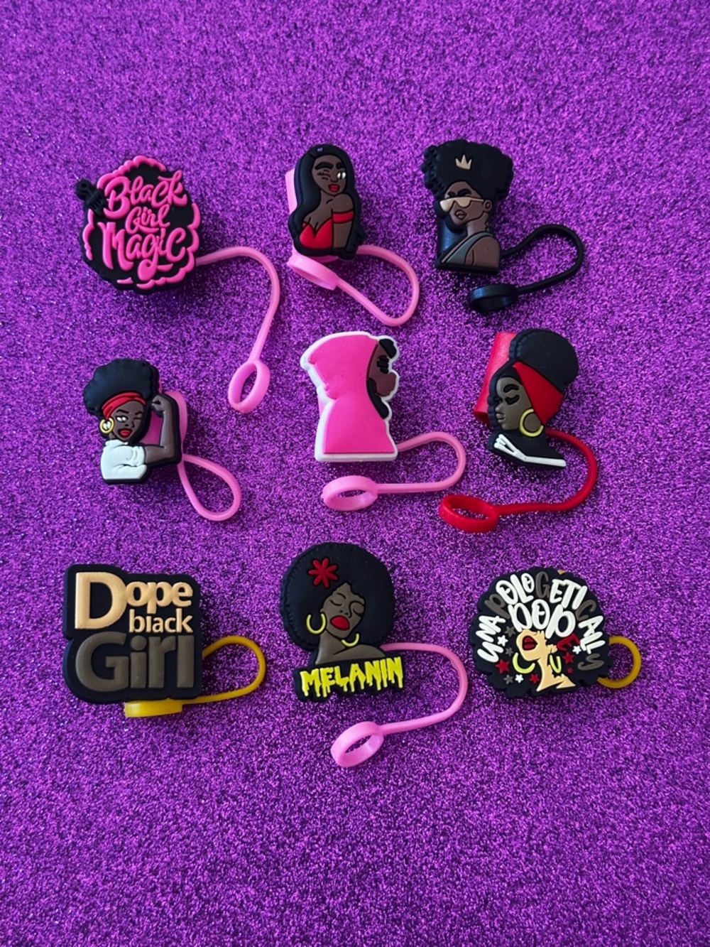 Black Girl Magic straw toopers - Pink, Red, Black Designs set of 9